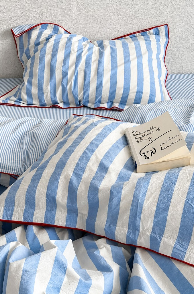 Vintora Modern Blue Stripe Washed Cotton Bedding Set