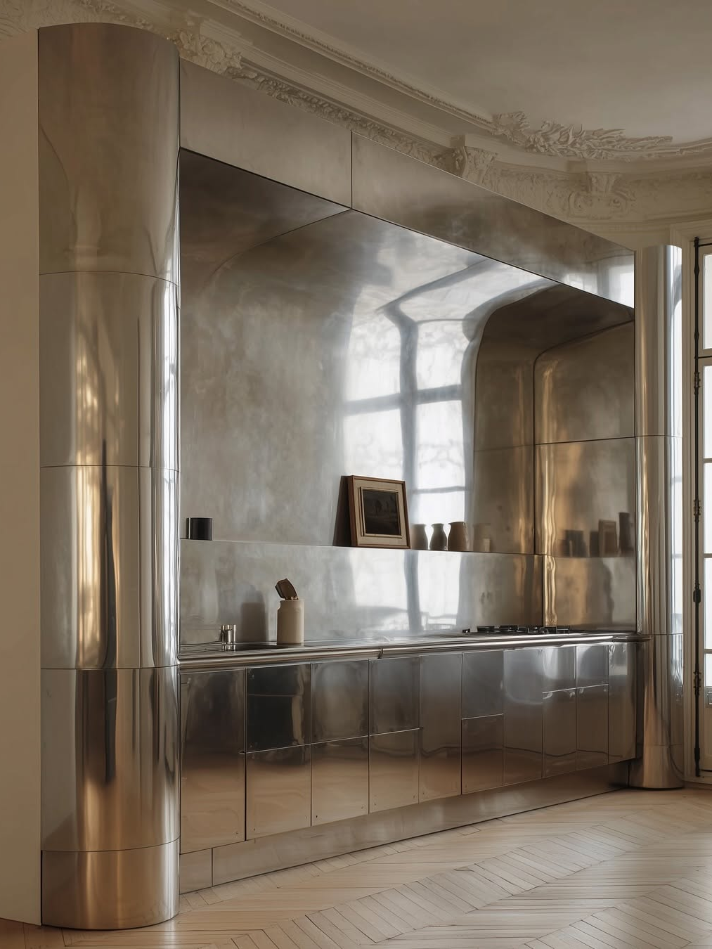 Sculptural kitchen with metallic reflective surfaces, curved architectural forms and minimalist styling reflecting luxury interior design trends 2026