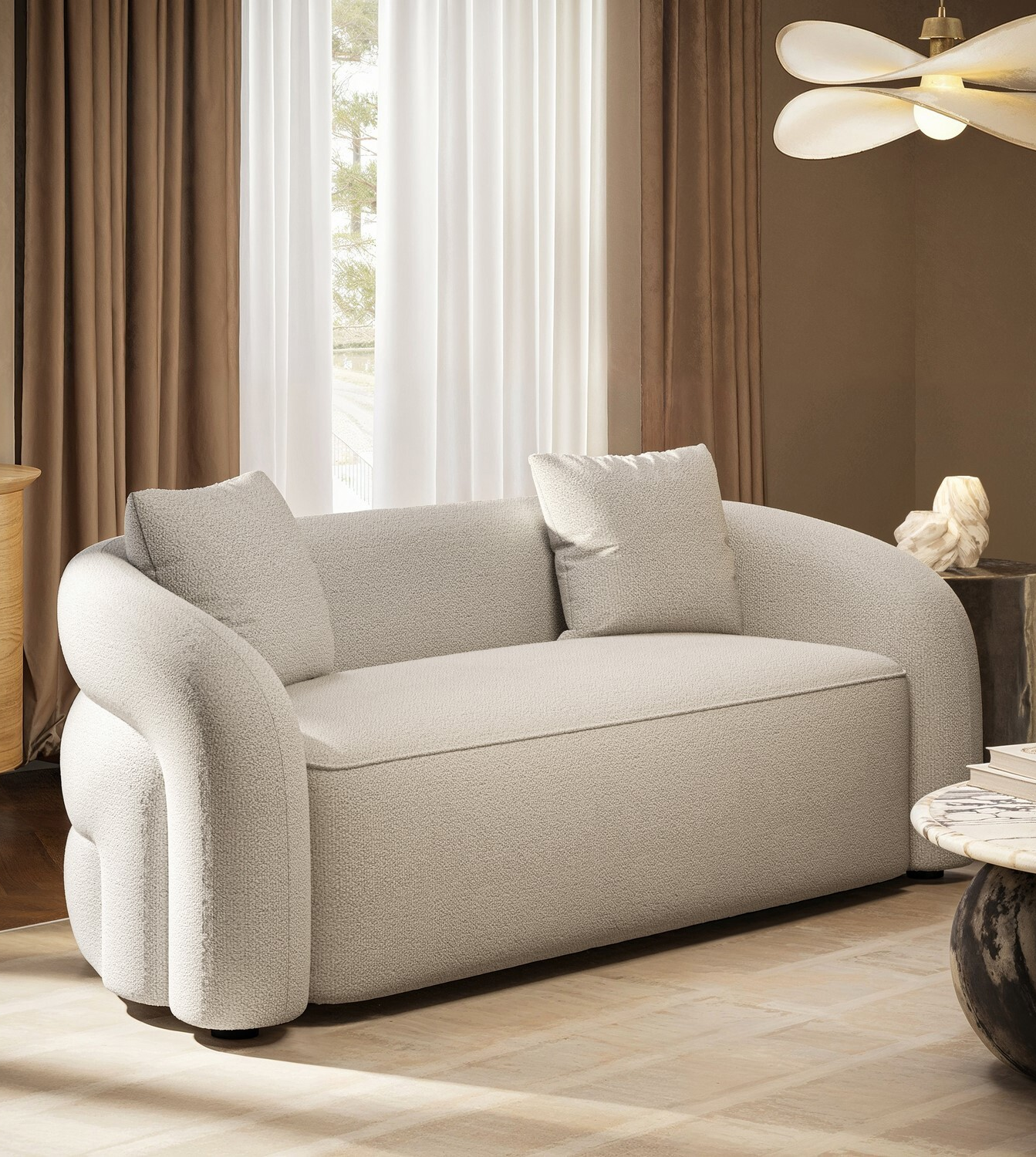 Cream Boucle Modern Curved 3 Seater Sofa - Zuri