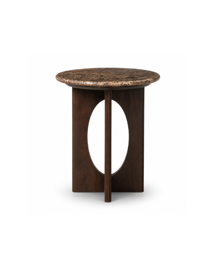 Round Brown Marble and Walnut Side Table - Ivan