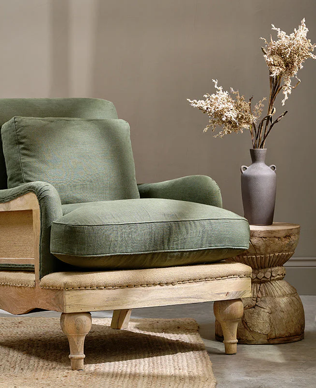 Abe Deconstructed Linen Armchair Olive nkuku