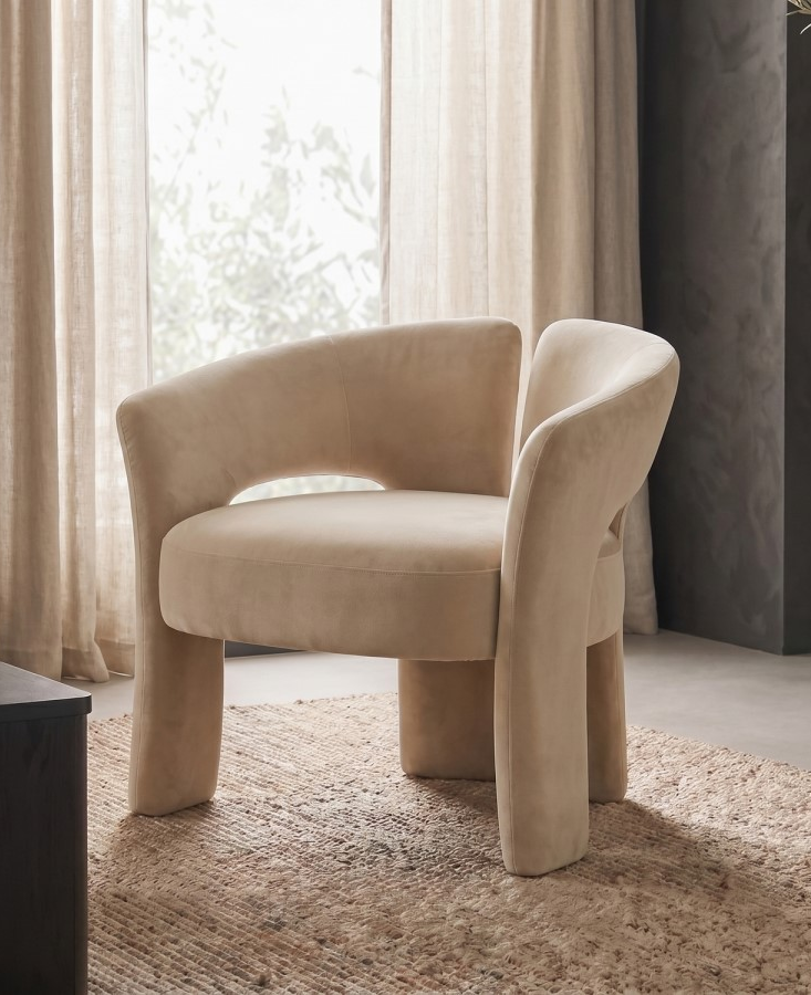Beige Velvet Modern Curved Accent Chair - Azalea