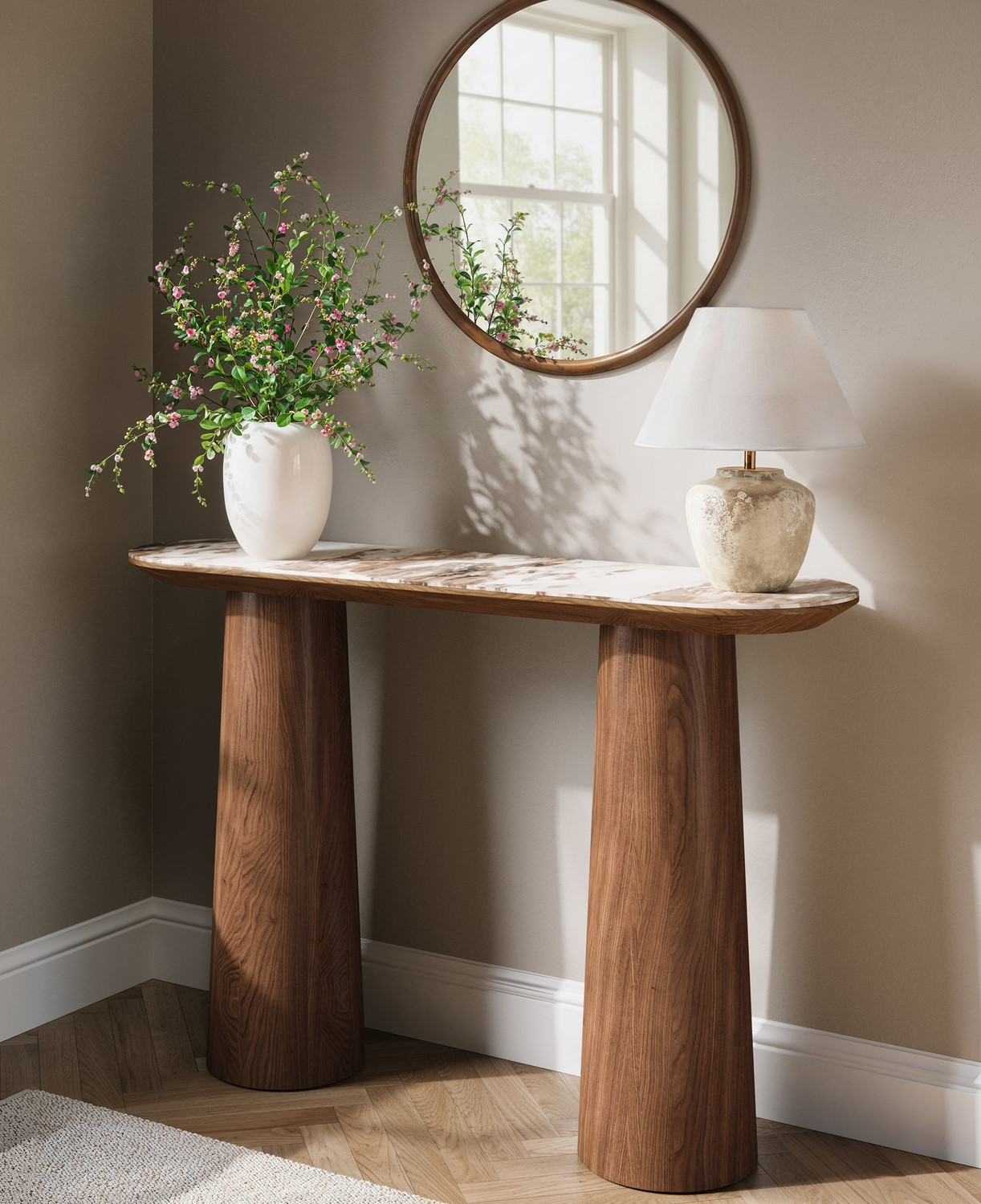 Walnut and Marble Effect Console Table with Flared Legs - Malia