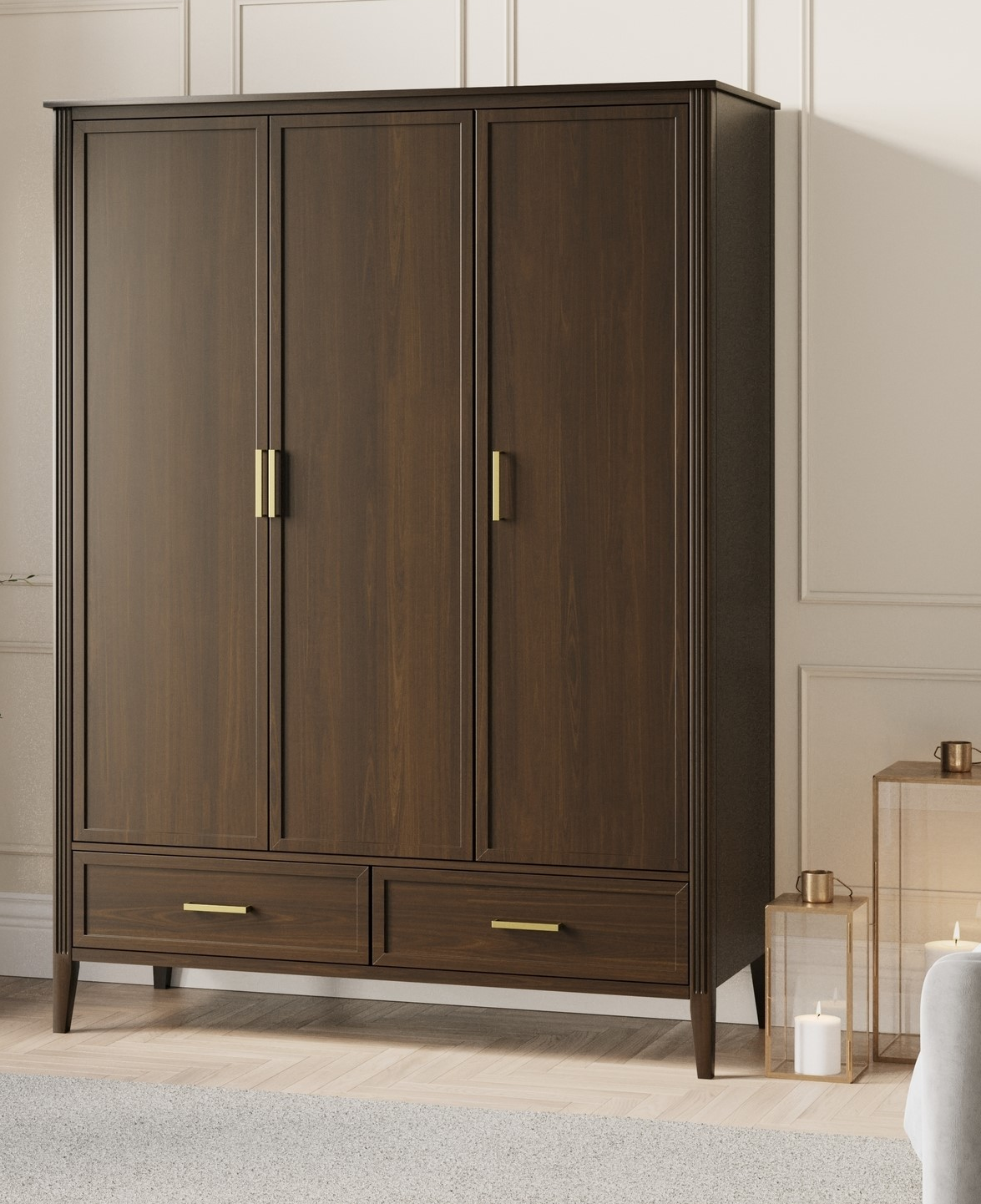 Large Walnut 3 Door Triple Wardrobe with Drawers - Delilah