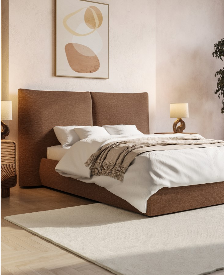 Brown Upholstered Double Ottoman Bed with Pillow Headboard - Dune