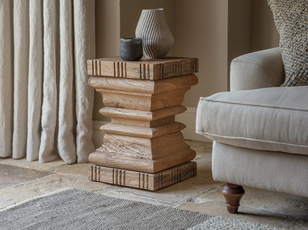 Disha Carved Mango Wood Side Table Natural nkuku