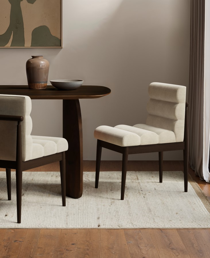 Set of 2 Walnut and Beige Upholstered Mid Century Sculpted Dining Chairs with Wooden Legs - Freja