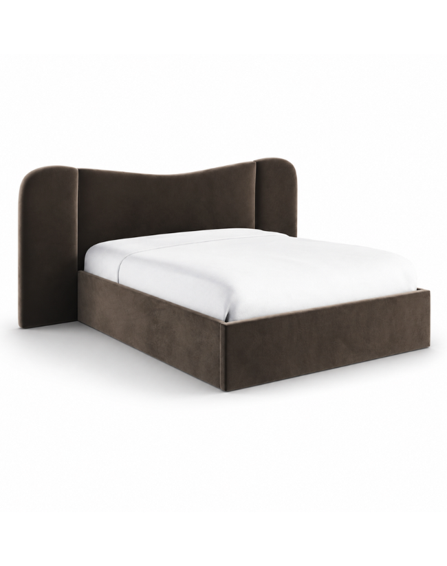 Velvet Double Ottoman Bed with Wide Curved Headboard in Chocolate Brown - Samara