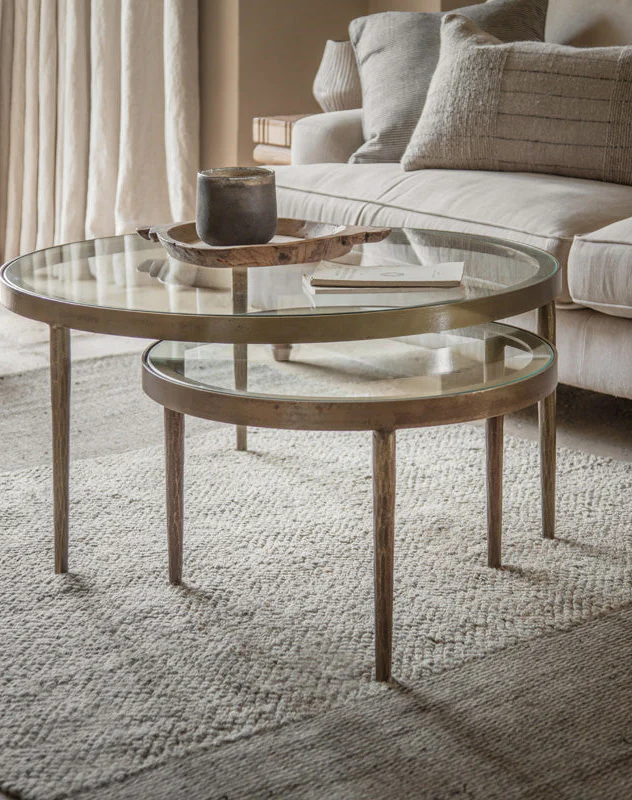 Jiya Iron Glass Nested Coffee Tables Brass nkuku