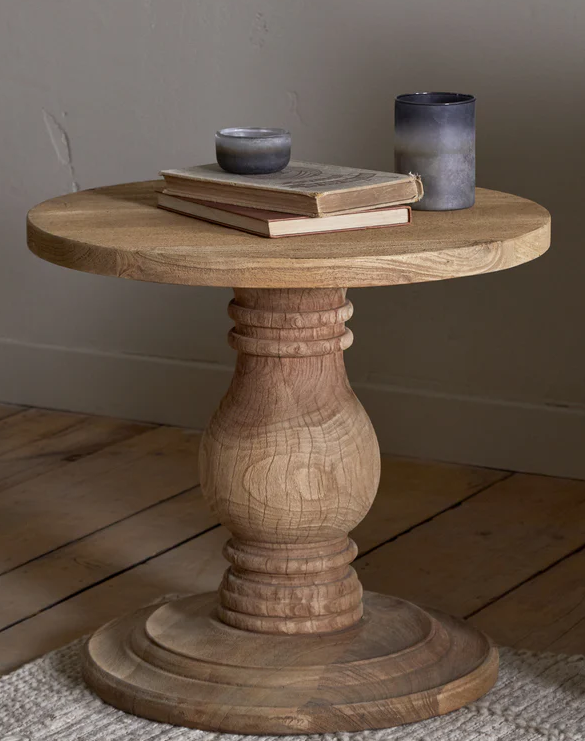 LT37 LT3701 Laya Round Carved Mango Wood Side Table Natural Nkuku 1