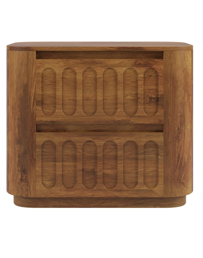 Wide Dark Wood Curved 2 Drawer Bedside Table - Fully Assembled - Meena