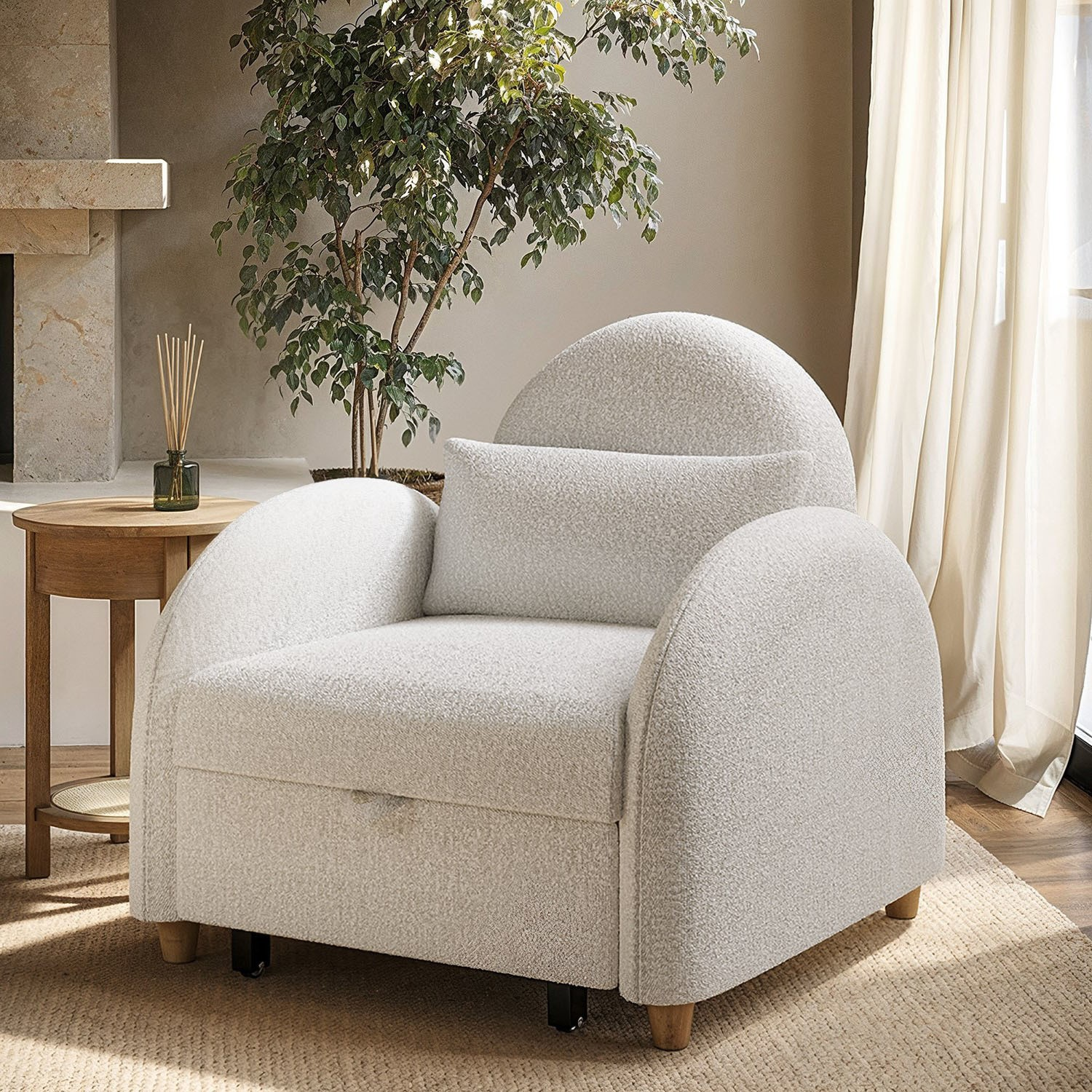 Pull-Out Single Chair Bed in Beige Boucle - Gene