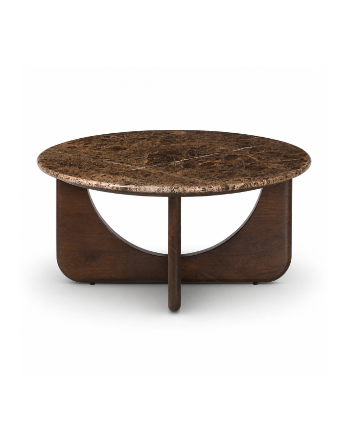 Large Round Brown Marble and Walnut Coffee Table - Ivan