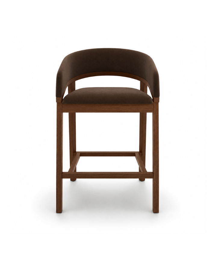 Walnut & Chocolate Brown Velvet Curved Kitchen Stool with Back - Owen