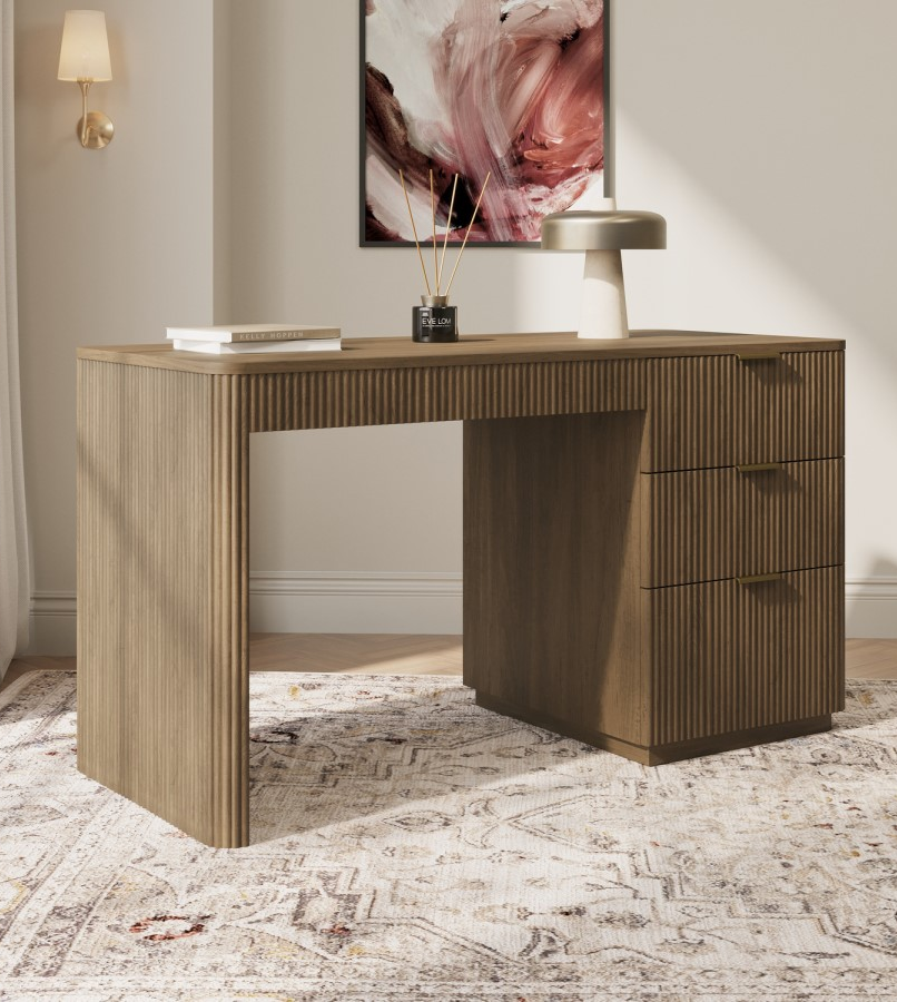 Dark Oak Ribbed Office Desk with 3 Drawers - Valencia