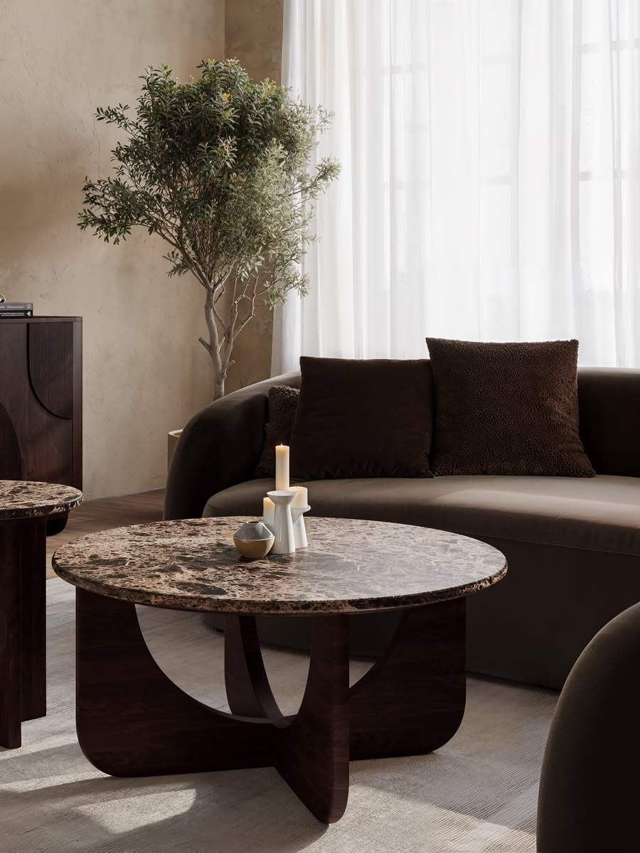 Round Brown Marble and Walnut Nest of 2 Tables - Ivan