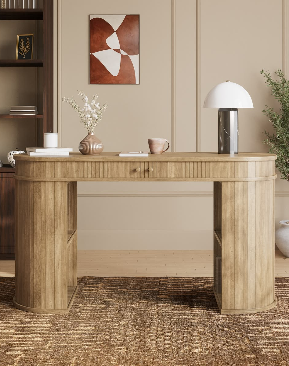 Oak Curved Office Desk with Sliding Doors - Breuer