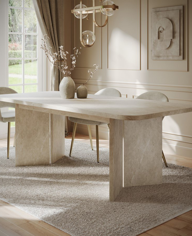 Beige Marble Effect Pillar Extendable Dining Table - Seats 6 - 8 - Geneva