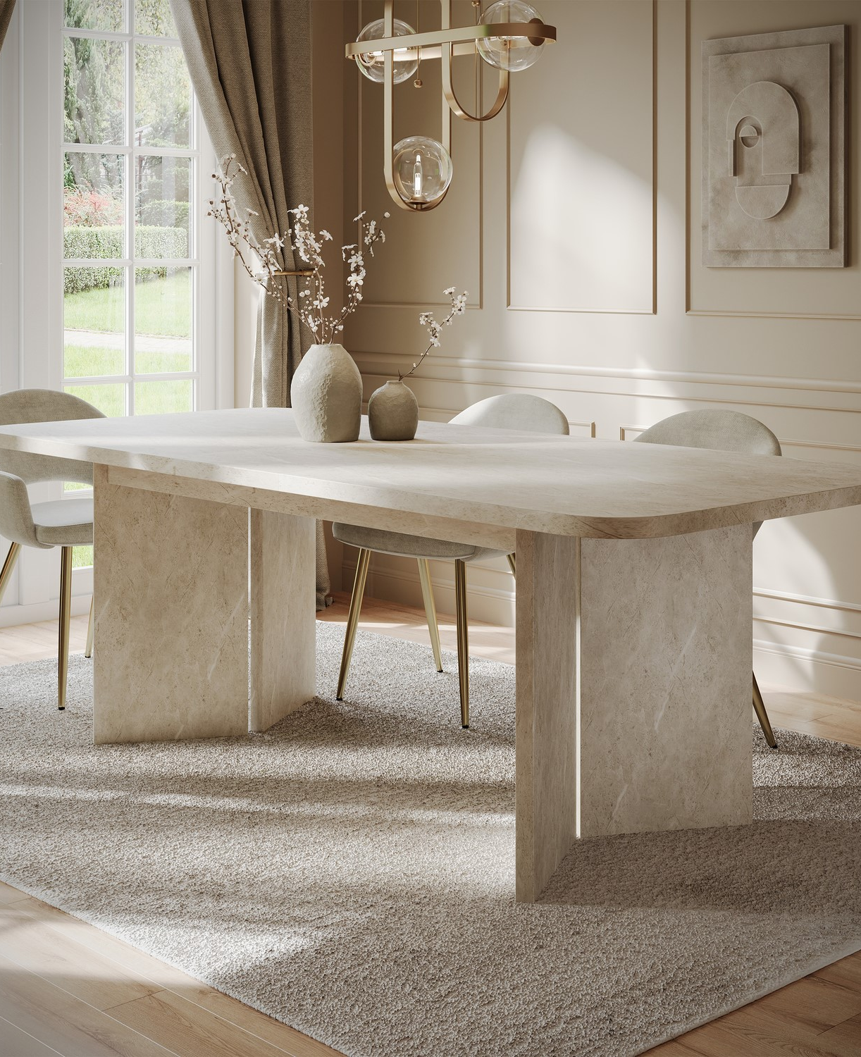 Beige Marble Effect Pillar Extendable Dining Table - Seats 6 - 8 - Geneva