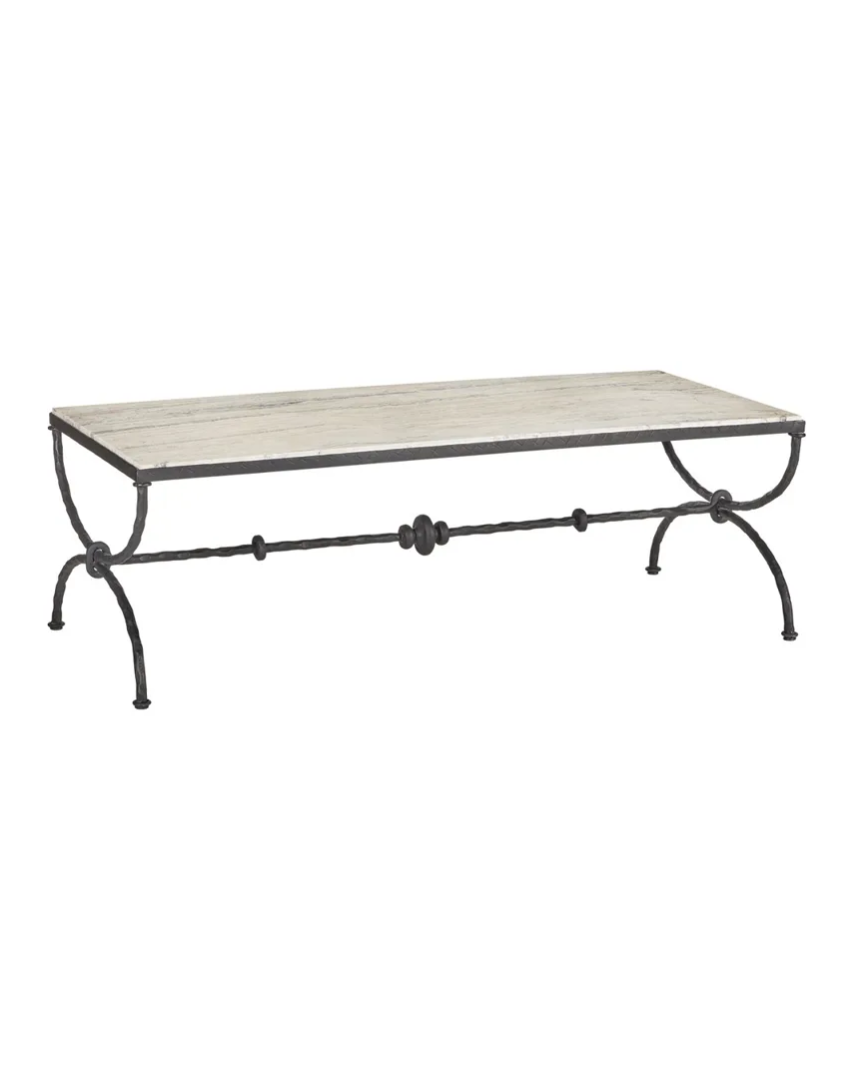 Arlene Updated Traditional White Travertine Bronze Iron Rectangular Coffee Table