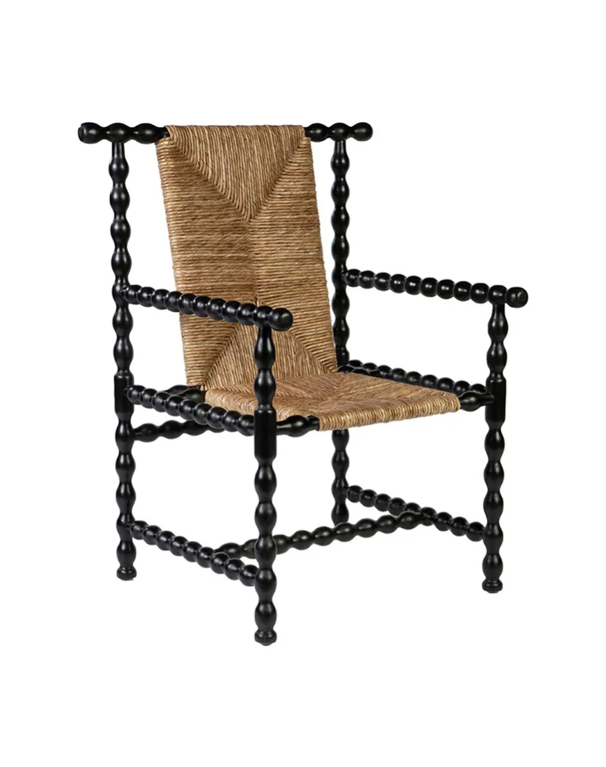 Blanca Updated Traditional Natural Woven Rush Black Wood Arm Chair