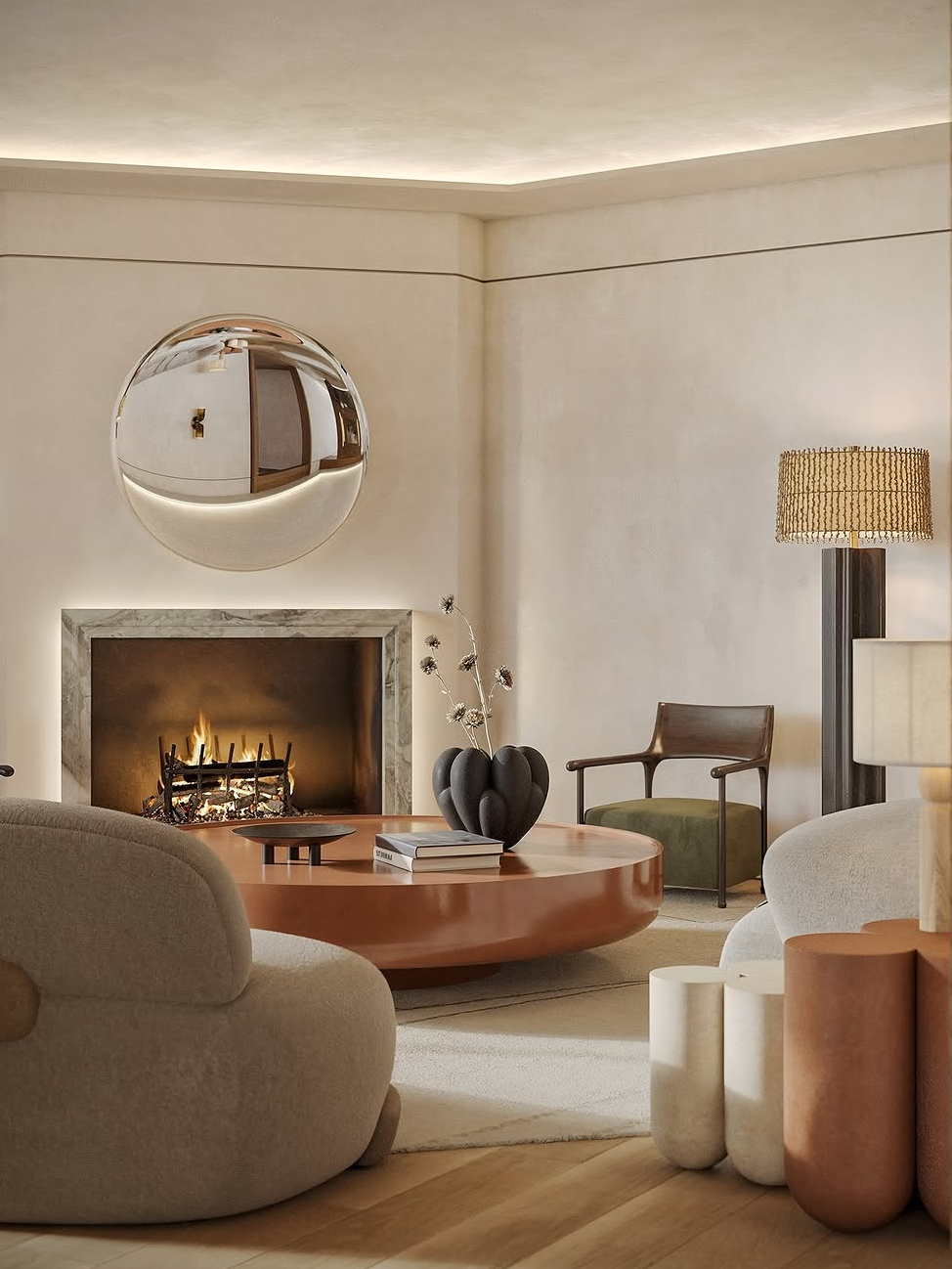 Warm minimalist living room with fireplace, curved armchairs, wooden coffee table, and chrome mirror