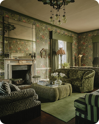 House of Hackney botanical wallpaper in a dark panelled room
