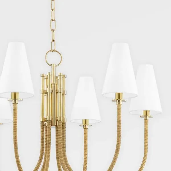 6-Light Chandelier with Rattan - Brass, Linen