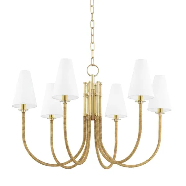 6-Light Chandelier with Rattan - Brass, Linen