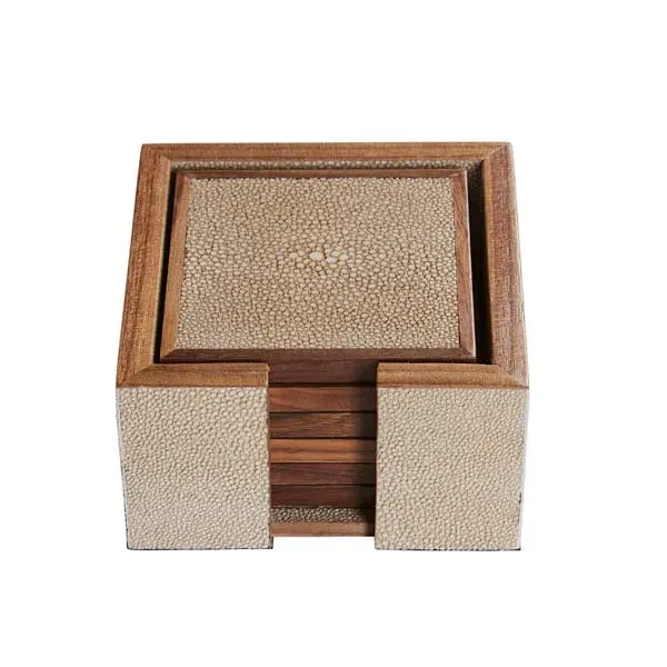 6-Piece Coaster Set with Box - Cream, Faux Shagreen