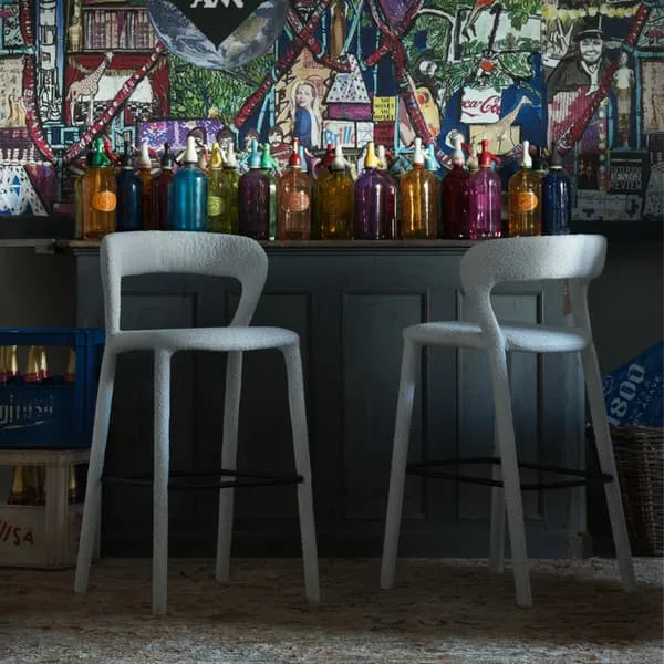 Bar Stool with Curved Back - White, Boucle