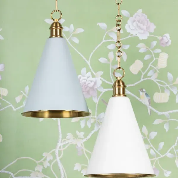 Conical Pendant Light with Aged Brass - Soft Blue, Metal