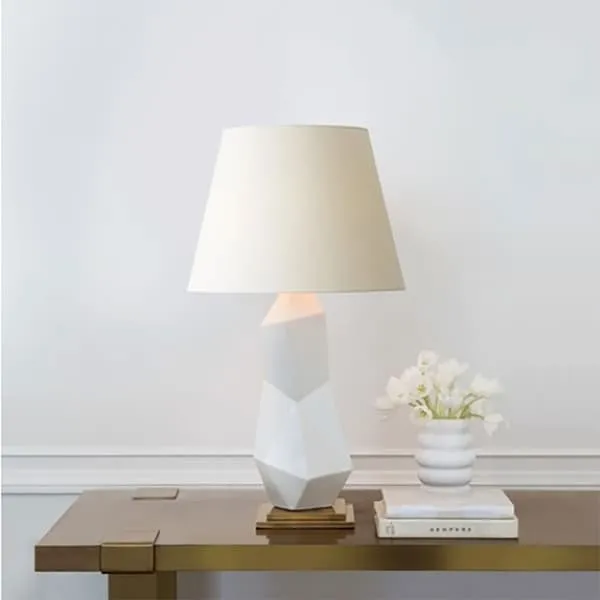 Cubist Table Lamp with Brass Accents - White