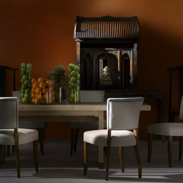 Dining Chair with Brass Studs - Light Neutral, Linen