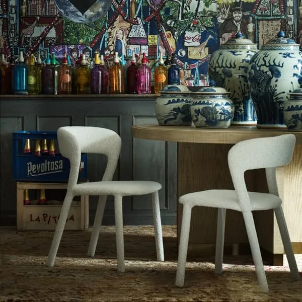 Dining Chair with Curved Back - White, Boucle