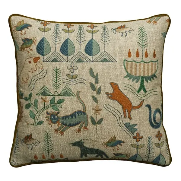 Embroidered Cushion with Feather Fill - Forest, Linen image