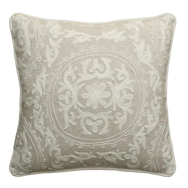 Embroidered Cushion with Feather Fill - Ivory, Linen
