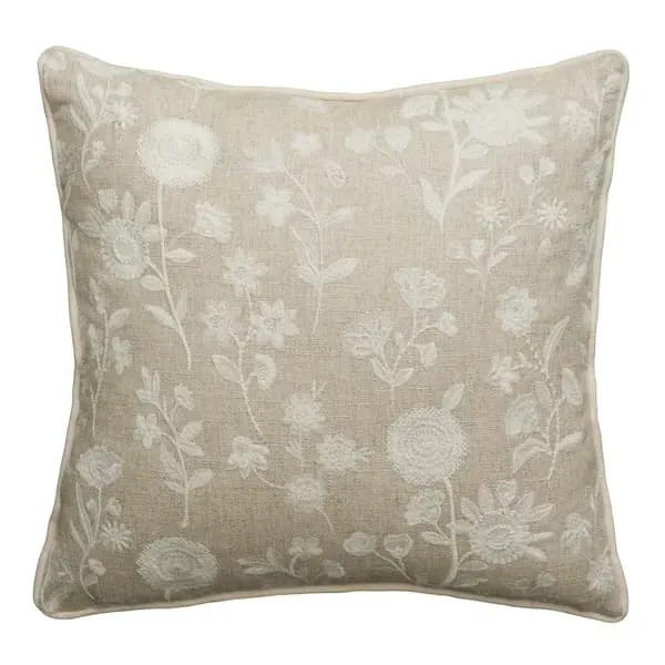 Embroidered Cushion with Feather Fill - Ivory, Linen image