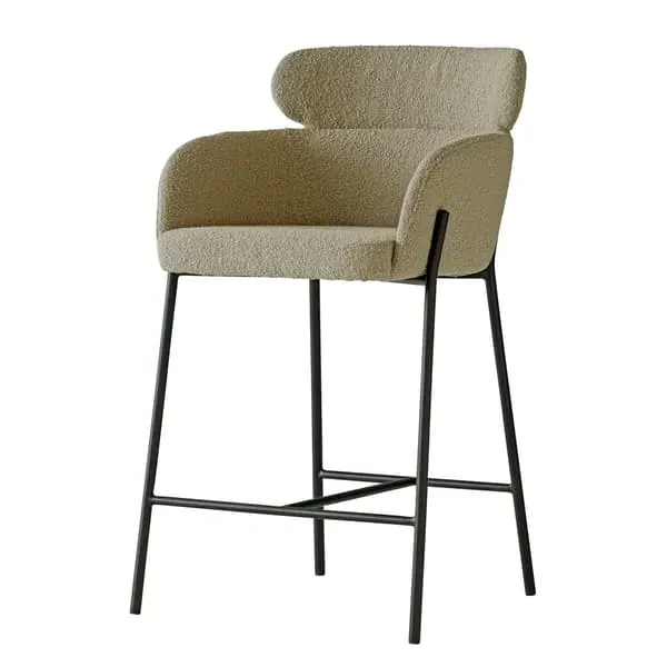 High-Back Bar Stool with Tub Seat - Brown, Boucle
