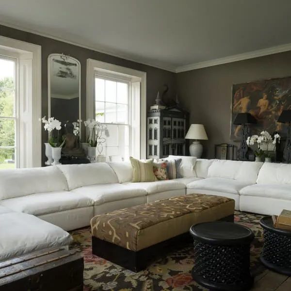 Large Sectional Sofa with Down Cushions - White, Linen