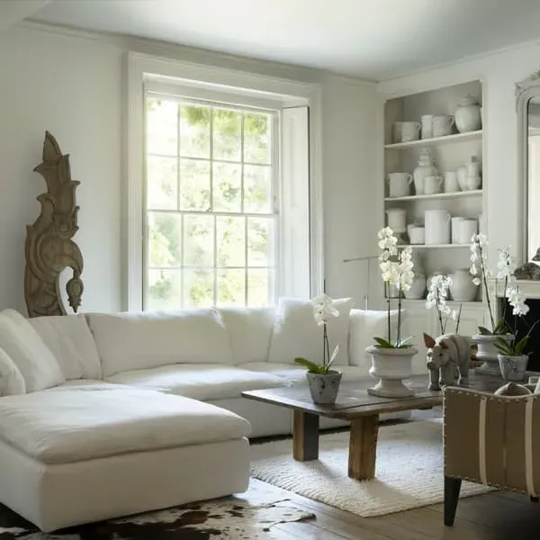 Large Sectional Sofa with Down Cushions - White, Linen