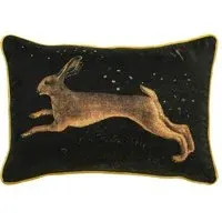 Rectangular Cushion with Hare Print - Black, Velvet