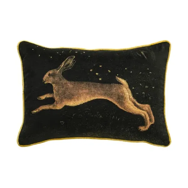 Rectangular Cushion with Hare Print - Black, Velvet image