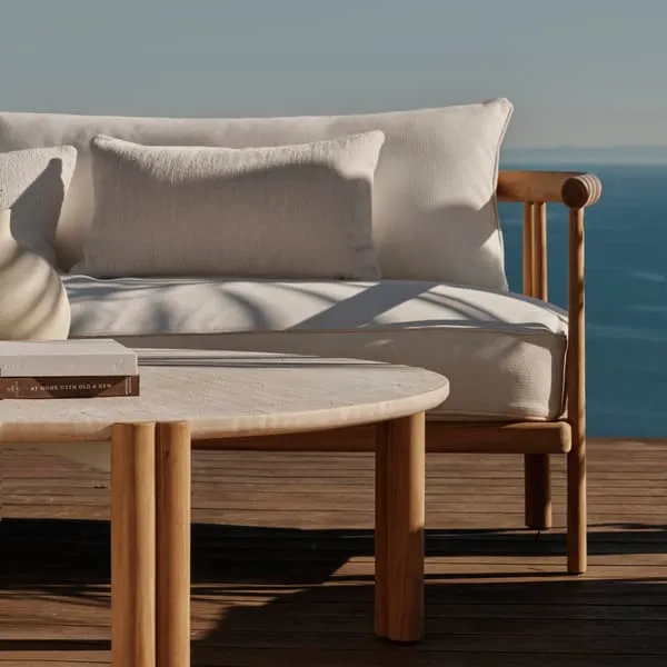 Round Coffee Table - Travertine, Teak