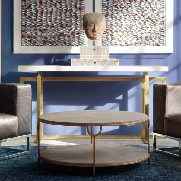 Round Coffee Table with Shelf - Cream, Brass