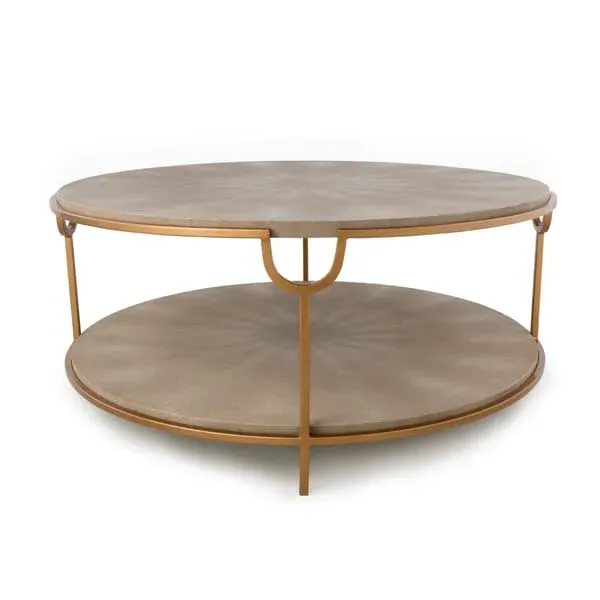 Round Coffee Table with Shelf - Cream, Brass