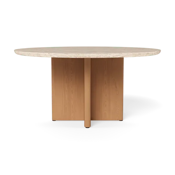 Round Dining Table with Travertine Top - Teak, Wood