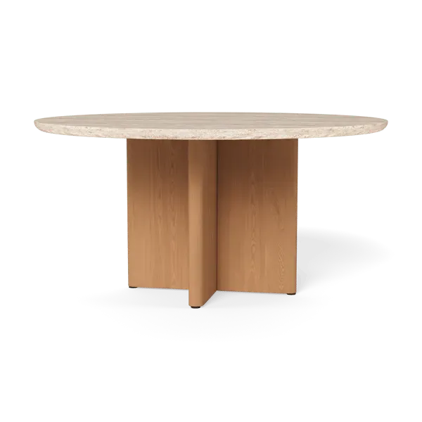 Round Dining Table with Travertine Top - Teak, Wood