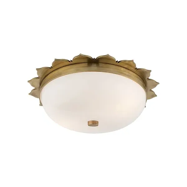 Round Flush Ceiling Light with Floral Details - Brass, Glass