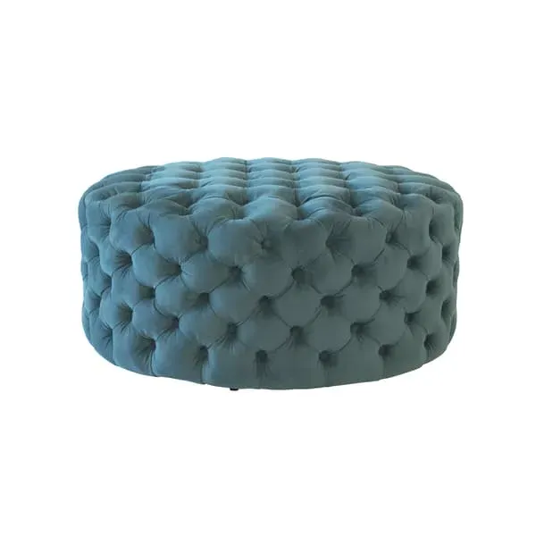 Round Ottoman Stool with Buttoning - Teal, Velvet
